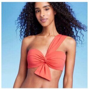 Shade & Shore Coral One Shoulder Bow Bikini Top Size 34DD Lightly Lined Swimwear